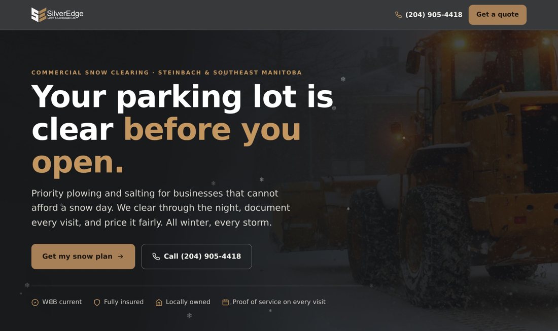 The SilverEdge commercial snow clearing landing page built by Find Your Pro